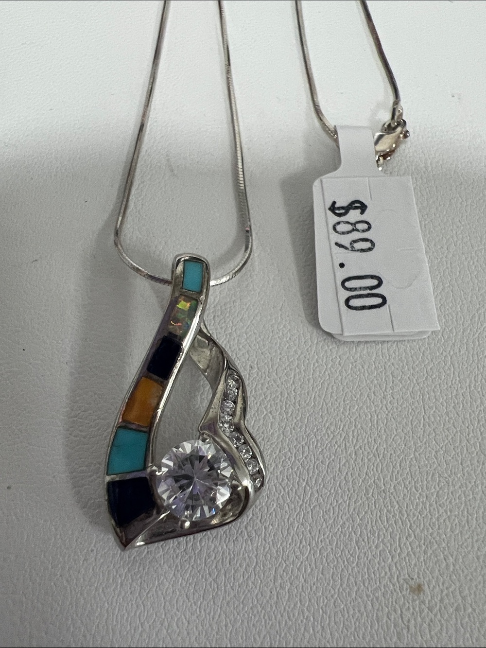 Sterling Silver Turquoise Multi-Stone Pendant Necklace with Cubic Zirconia